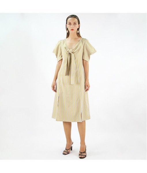Hot selling new design clothing spring women dresses casual stripe dresses beige women elegant dresses