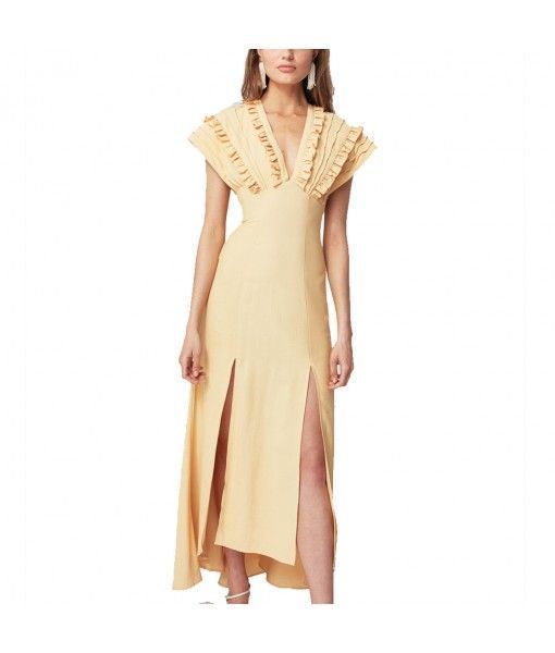 Split v-neck latest long fitted turkey yellow sexy evening dresses women 